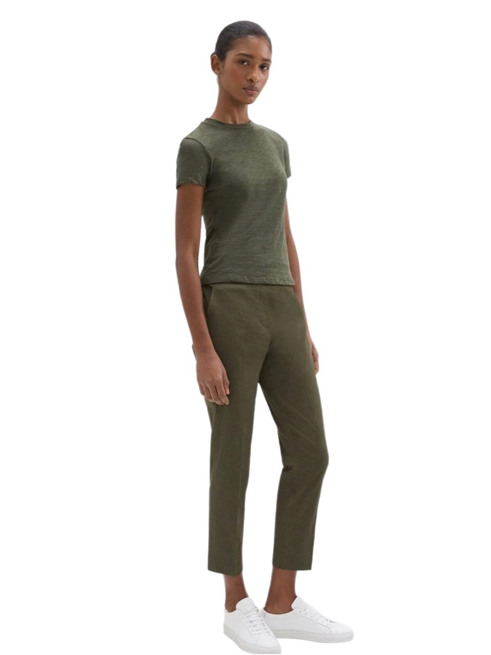 Theory Treeca Pull-On Pant in Good Linen — Dark Olive — Size 4